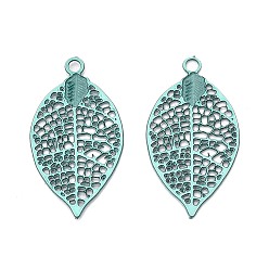 Бледно-бирюзовый Полые подвески из нержавеющей стали, окрашенные аэрозольной краской., лист прелести, бледные бирюзовая, 430 мм, отверстие : 17x9x0.3 мм