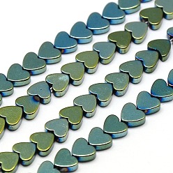 Зеленое Покрытие Гальванизировать немагнитных синтетический гематит бисер пряди, сердце, зеленый покрытием, 4x4x2 мм, отверстие : 1 мм, около 105 шт / нитка, 15.7 дюйм