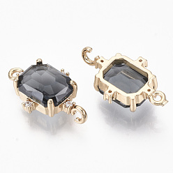 Black Glass Links connectors, with Brass Micro Pave Cubic Zirconia, Faceted, Rectangle, Light Gold, Black, 20x12x5.5mm, Hole: 1.2mm