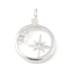 Серебро 925 Кольцо из стерлингового серебра с прозрачными кубическими цирконами и подвесками в виде звезд, с перемычками и 925 штампом, серебряные, 18.5x12.5x3 мм, отверстие : 3 мм