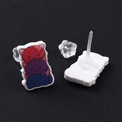 Colorful Acrylic Cat Stud Earrings with Platic Pins for Women, Colorful, 13x9mm, Pin: 1mm