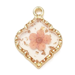 Pink Подвески из эпоксидной смолы, с сухих цветов внутри, ромб прелести, золотые, розовые, 22.5x16.5x3.5 мм, отверстие : 2 мм