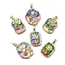 Mixed Shapes Подвески из латуни с цветочным узором и эмалью, с ABS имитации жемчуга, без кадмия и без свинца, долговечный, стойки покрытие, реальный 18 k позолоченный, разнообразные, 26.5~31x17.5~25x5~6 мм, отверстие : 6x3 мм