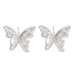 Platinum Butterfly Brass Pave Clear Cubic Zirconia Stud Earrings for Women, Platinum, 11.5x14x2.5mm