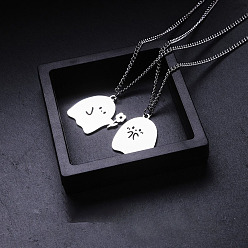 Ghost 304 Парные кулоны-подвески с белой эмалью из нержавеющей стали, цвет нержавеющей стали, призрак с цветком, 23.62 дюйм (60 см), кулон: 32x32 мм & 30x26 мм, 2 шт / комплект