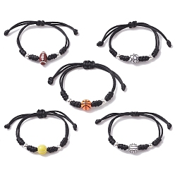 Mixed Shapes Adjustable Nylon Thread Braided Bead Bracelets Sets, with Acrylic & Alloy Beads, Sports Balls, Mixed Shapes, Inner Diameter: 3-5/8 inch(9.3cm), 5pcs/set