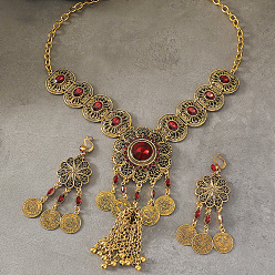 Античное Золото Комплекты ожерелий и серег-колец из цинкового сплава и стекла в стиле «Цветочная Богемия», античное золото , 470 мм и 38.1x27.9 мм