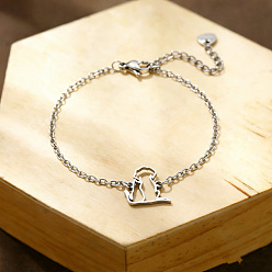 Stainless Steel Color 304 Stainless Steel Two Dog Outline Link Bracelets, Cable Chain Bracelets for Women, Tarnish Free, Stainless Steel Color, 6.69 inch(17cm)