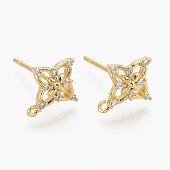 Real 18K Gold Plated Brass Micro Pave Clear Cubic Zirconia Stud Earring Findings, with Silicone Ear Nuts, with Loop, Long-Lasting Plated, Flower, Real 18K Gold Plated, 11x9.5mm, Hole: 0.9mm, Pin: 0.8mm