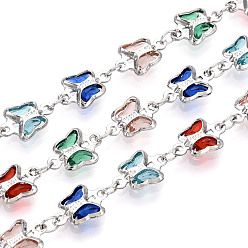 Разноцветный Латунные стеклянные цепочки-подвески в виде бабочек, пайки, с катушкой, золотые, красочный, 10.5~11x7x2 мм, около 32.81 футов (10 м) / рулон