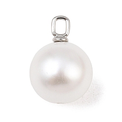 Platinum Shell Pearl Pendants, White Round Charms with Brass Bails, Long-Lasting Plated, Cadmium Free & Lead Free, Rack Plating, Platinum, 14x19.5mm, Hole: 3x2mm