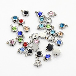 Mixed Color 201 Stainless Steel Rhinestone Charm Pendants, Grade A, Faceted, Mixed, Mixed Color, 9x6~8x3~4mm, Hole: 1mm