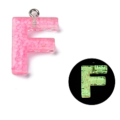 Letter F Светящиеся подвески смолы, светится в темноте, с платиновым покрытием петли, буквы, Буква F, 23.5x16x5 мм, отверстие : 1.8 мм