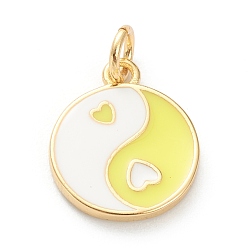 Желтый Латунь эмаль подвески, долговечный, реальный 18 k позолоченный, плоско-круглые с сердцем, желтые, 14x11.5x2 мм, отверстие : 3 мм