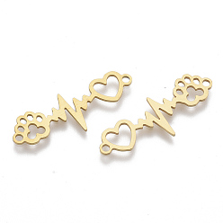 Golden 201 Stainless Steel Links connectors, Laser Cut Links, Heartbeat with Paw Print, Golden, 33x12x1mm, Hole: 1.8mm