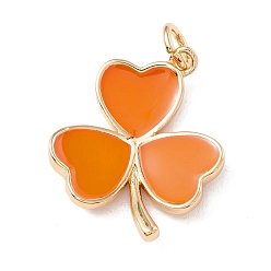 Оранжевый Латунь эмаль подвески, с прыжковых колец, реальный 18 k позолоченный, без кадмия и без свинца, долговечный, клевер, оранжевые, 18x14x3 мм, отверстие : 3 мм