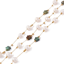 African Turquoise(Jasper) Natural African Turquoise(Jasper) Star and Pearl Beaded Chains, with Stainless Steel Findings, Long-Lasting Plated, Soldered, with Spool, Golden, Link: 2x0.5x0.1mm, Bead: 5.5~7x5.5~6mm, Star: 6x6~6.5x2.5~3mm