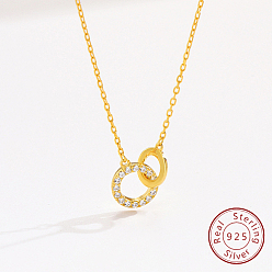 Настоящее золото 18K 925 ожерелья с подвесками из стерлингового серебра с микропаве и фианитами, переплетающиеся двойные кольца, с печатью s925, реальный 18 k позолоченный, 15.75 дюйм (40 см)