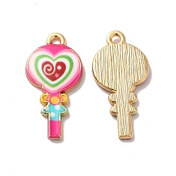 Hot Pink Alloy Enamel Pendants, Golden, Heart Lollipop Charm, Hot Pink, 24x12x2mm, Hole: 1.5mm