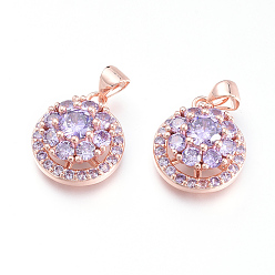 Лиловый Латунные микро проложить кубического циркония подвески, плоские круглые с цветком, розовое золото , сирень, 17.5x14.5x8.5 мм, отверстие : 3.5x4.5 мм