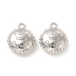 Platinum Rack Plating Alloy Charms, Cadmium Free & Lead Free, Flat Round with Crown & Word Queen, Platinum, 13x11x5mm, Hole: 1.4mm