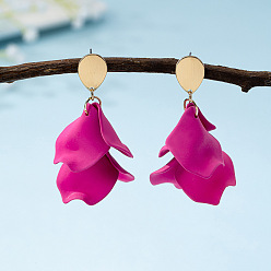 Темно-Розовый Серьги-гвоздики из сплава с лепестками и кисточками, золотые, темно-розовыми, 58x34 мм