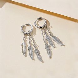 Античное Серебро Серьги-кольца с кисточками из цинкового сплава в форме перьев, античное серебро, 75x15 мм