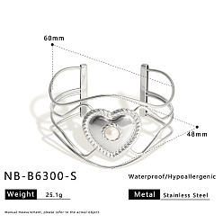 Нержавеющая Сталь Цвет Полые браслеты-манжеты из хирургической нержавеющей стали с имитацией жемчуга для женщин., сердце, цвет нержавеющей стали, внутренний диаметр: 316 дюйм (2.36 см)