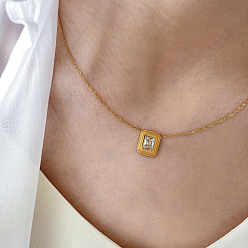 Square 304 Stainless Steel Pave Clear Cubic Zirconia Geometric Pendant Necklaces for Women, Golden, Square, 17.72 inch(45cm)