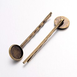 Antique Bronze Iron Hair Bobby Pin Findings, Flat Round, Nickel Free, Antique Bronze, 54x14mm, Tray: 12mm