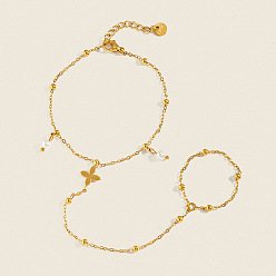 Plaqué 18K Or Véritable Bracelet esclave en acier inoxydable à quatre feuilles en forme de trèfle pour la Saint-Patrick, Bracelets de main reliés par un anneau pour femmes, réel 304 k plaqué or, 18 pouce (6.89 cm)