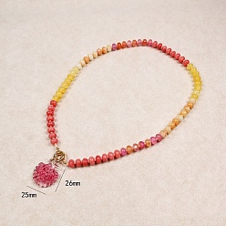 Pink Handmade Lampwork Flower Pendant Rainbow Rondelle Glass Beaded Necklaces with Brass Spring Ring Clasps, Golden, Pink, 19.88 inch(50.5cm), Pendant: 25x26mm