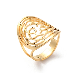 Настоящее золото 18K 304 открытые кольца из нержавеющей стали для женщин, полые розы, реальный 18 k позолоченный, 24.5 мм, внутренний диаметр: 17.5 мм