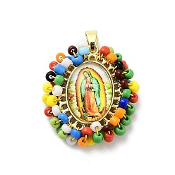 Разноцветный Стойки обшивки латунные прелести, без свинца и без кадмия, долговечный, овал с амулетами Девы Марии, красочный, 31x25.5x6 мм, отверстие : 6x3.5 мм