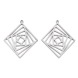 Platinum Filigree 304 Stainless Steel Pendants, Laser Cut, Rhombus Charms, Platinum, 32.5x28x1mm, Hole: 1.3mm
