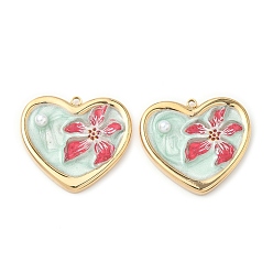 Аквамарин 304 подвески из нержавеющей стали, Сердце со цветками , с эмалью и абс пластика имитация жемчуга, реальный 18 k позолоченный, аквамарин, 21.5x24x4.5 мм, отверстие : 1.6 мм