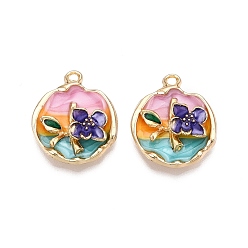 Розовато-лиловый Стойки обшивки сплава эмали подвески, без кадмия, без никеля и без свинца, золотой свет, плоская круглая с подвеской в виде цветка, розовато-лиловый, 23.5x19.5x5.5 мм, отверстие : 1.6~2 мм