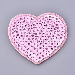 Pink Computerized Embroidery Cloth Iron on/Sew on Patches, with Paillette, Costume Accessories, Appliques, Heart, Pink, 45.5x51.5x1.5mm