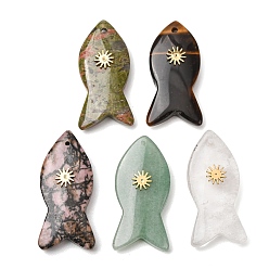 Mixed Stone Natural & Synthetic Mixed Gemstone Pendants, Fish Charms with Golden Tone 304 Stainless Steel Sun Slices, 39~41x18.8~19.5x7~7.5mm, Hole: 1.2mm