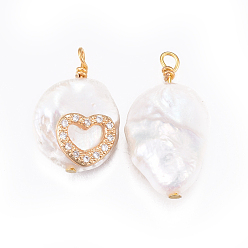 Прозрачный Подвески из натурального пресноводного жемчуга, с латунной кубической фурнитурой, самородки с сердцем, золотые, прозрачные, 17~26x11~16x5~11 мм, отверстие : 1.6~2 мм