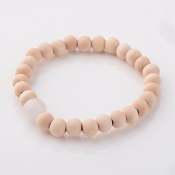 Pink Wood Stretch Bracelets, with Faceted Natural Rose Quartz Beads, Pink, 55mm