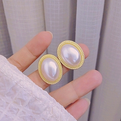 Oval Alloy Imitation Pearl Stud Earrings for Women, with 925 Sterling Silver Pin, Oval, 18x12mm
