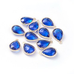 Синий Стеклянные подвески, с фурнитурой Berzel с открытой спиной из экологически чистого сплава, граненые, слеза, золотой свет, синие, 18x12x5 мм, отверстие : 1.4 мм