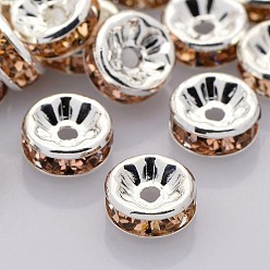 Light Peach Brass Rhinestone Spacer Beads, Grade AAA, Straight Flange, Nickel Free, Silver Color Plated, Rondelle, Light Peach, 6x3mm, Hole: 1mm
