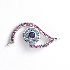 Platinum Brass Micro Pave Cubic Zirconia Links connectors, Eye, Colorful, Platinum, 12x28x2.5mm, Hole: 1mm