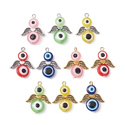 Mixed Color 10Pcs 10 Styles Evil Eye Resin Bead Pendants, Angel Charms with Antique Silver & Antique Golden Plated Alloy Wings, Mixed Color, 25.5x20x5~5.5mm, Hole: 1.6mm, 1pc/style