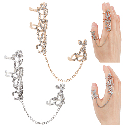 Platinum & Light Gold 2 шт 2 цвета кристалл горный хрусталь цветок полный палец кольцо цепочка на руку, открытая манжета из сплава с цепочкой, двойные кольца для женщин, платина и светлое золото, внутренний диаметр: 17~17.5 мм, 1 шт / цвет