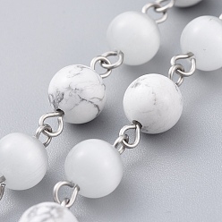Howlite Handmade Natural Howlite Beaded Chains, Unwelded, with Cat Eye Beads and 304 Stainless Steel Eye Pin, Round, Stainless Steel Color, 15x8mm, 39.37 inch(1m)/strand