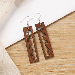 Другие Богемные деревянные серьги-подвески, прямоугольные, платина, волна, 65x17 мм