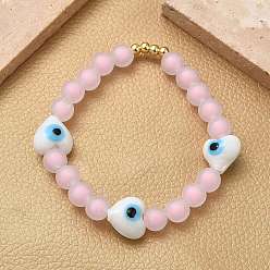 Pink Женские эластичные браслеты из латуни, пластика и бусин в технике лэмпворк, сердце с узором от сглаза, стойки покрытие, без свинца и без кадмия, долговечный, розовые, внутренний диаметр: 2-1/4 дюйм (5.85 см)